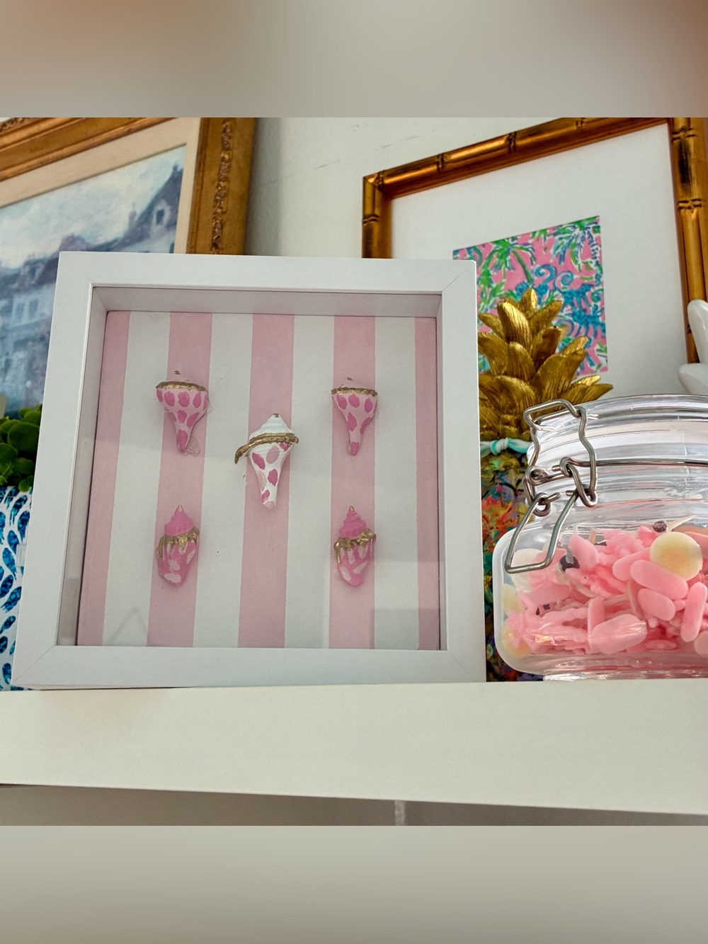 Hand-Painted Seashell Shadow Box | Pink Coastal Wall Art | "Cones On The Beach!"